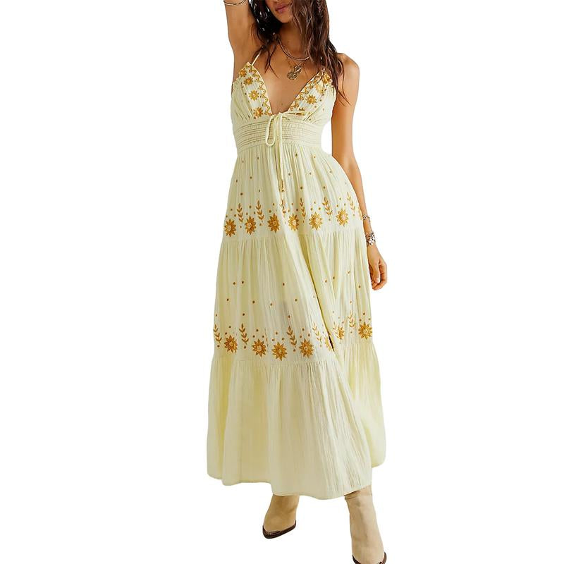Embroidered Boho Maxi Dress for Women Spaghetti Strap Open Back Embroidered Tiered Swing Summer Long Dress Y2K Vacation Sundress