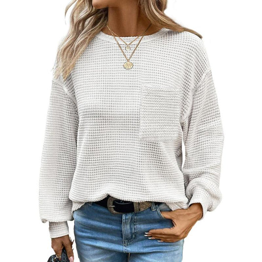 Dokotoo Womens Tops 2025 Oversized Long Sleeve Crewneck Waffle Knit Shirts Business Casual Blouses Basic Shirts Clothes Elegant