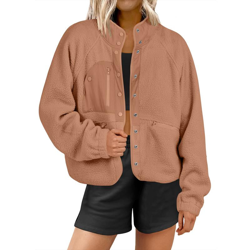 ANRABESS Womens Fleece Jacket Button down Shacket Casual Sherpa Cropped Coats Warm Outwear with Pockets