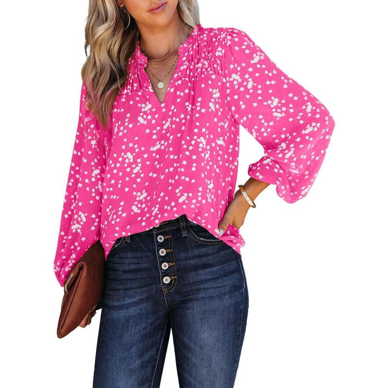 Dokotoo Women'S Casual V Neck Alicia Floral Print Smocked Long Sleeve Chiffon Blouses Bohemian Top Shirts
