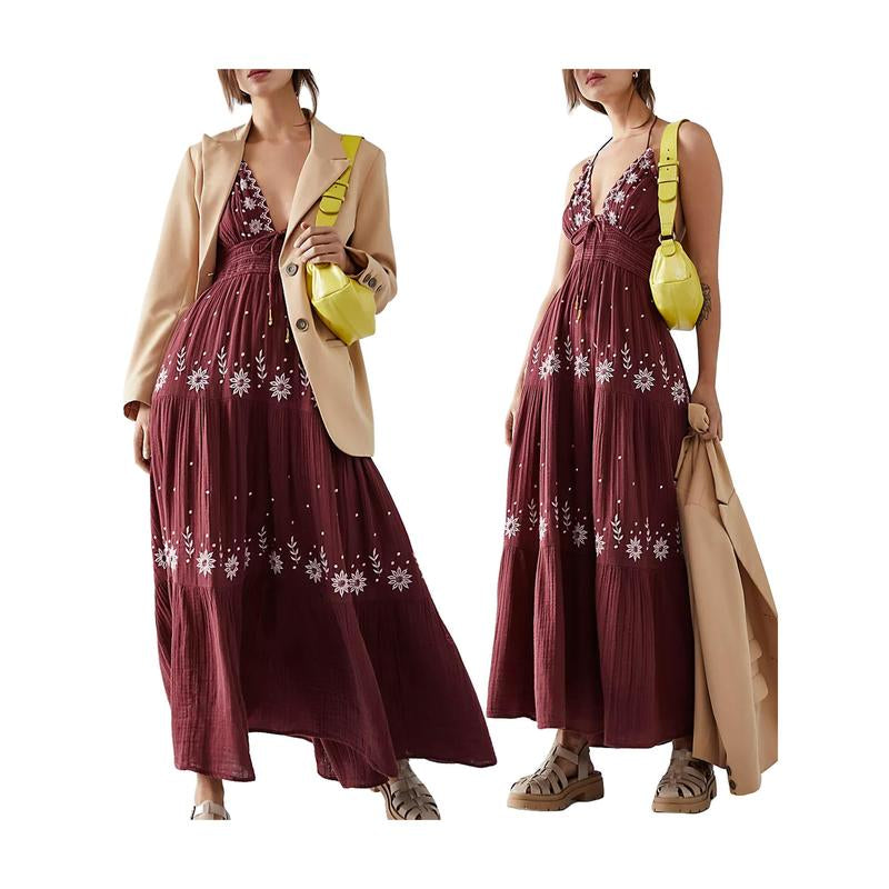 Embroidered Boho Maxi Dress for Women Spaghetti Strap Open Back Embroidered Tiered Swing Summer Long Dress Y2K Vacation Sundress