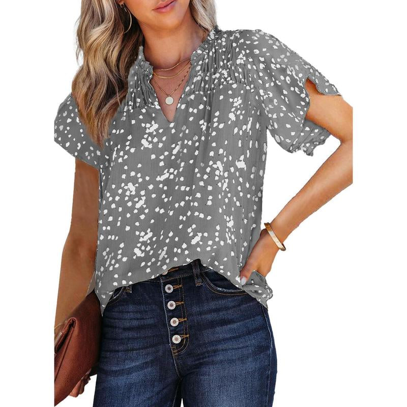 Dokotoo Women'S Casual V Neck Alicia Floral Print Smocked Short Sleeve Chiffon Blouses Bohemian Top Shirts