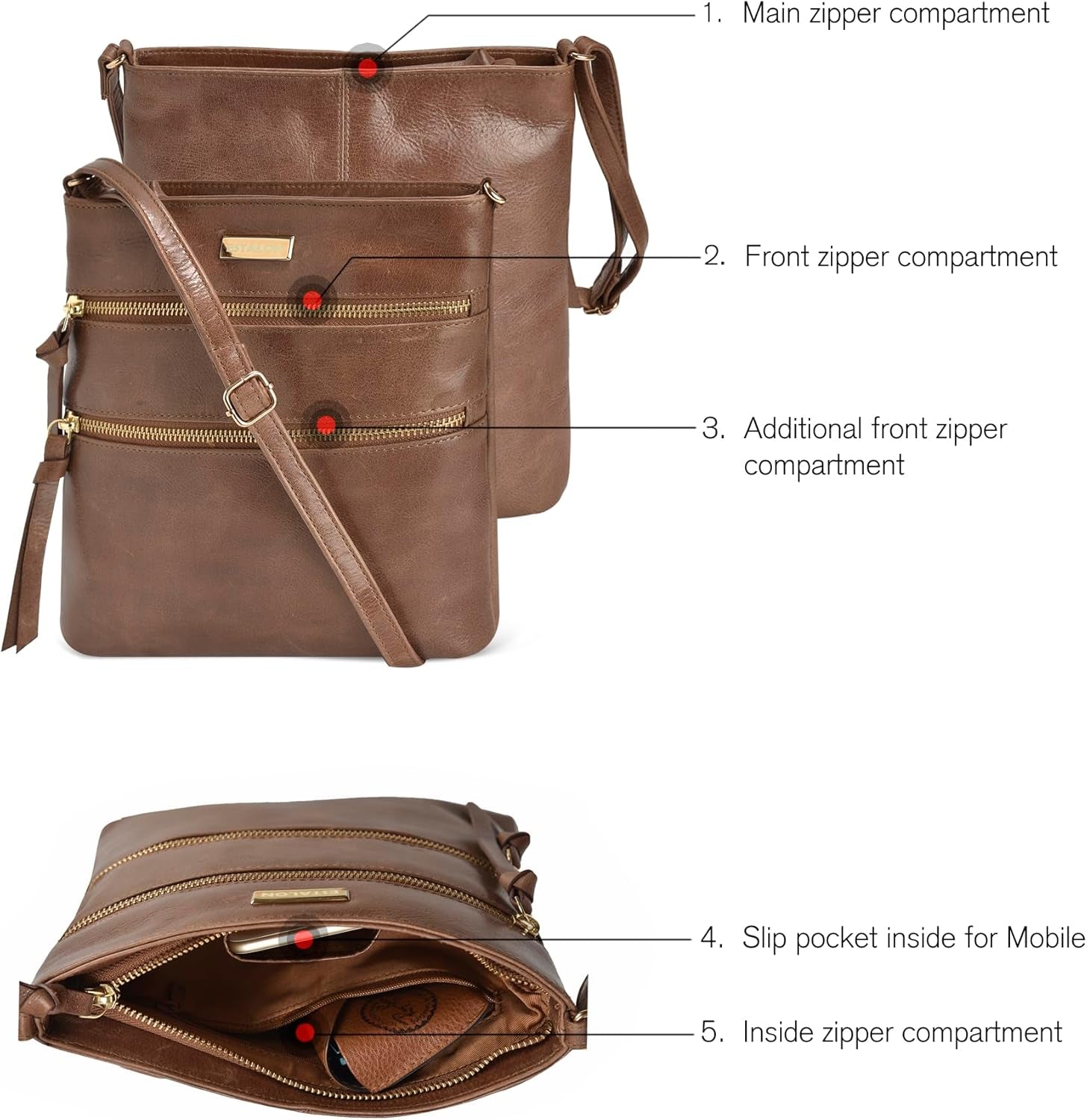 Women'S Genuine Leather Crossbody Bag with Adjustable Sling Strap - Medium Size Crossover Shoulder Purse