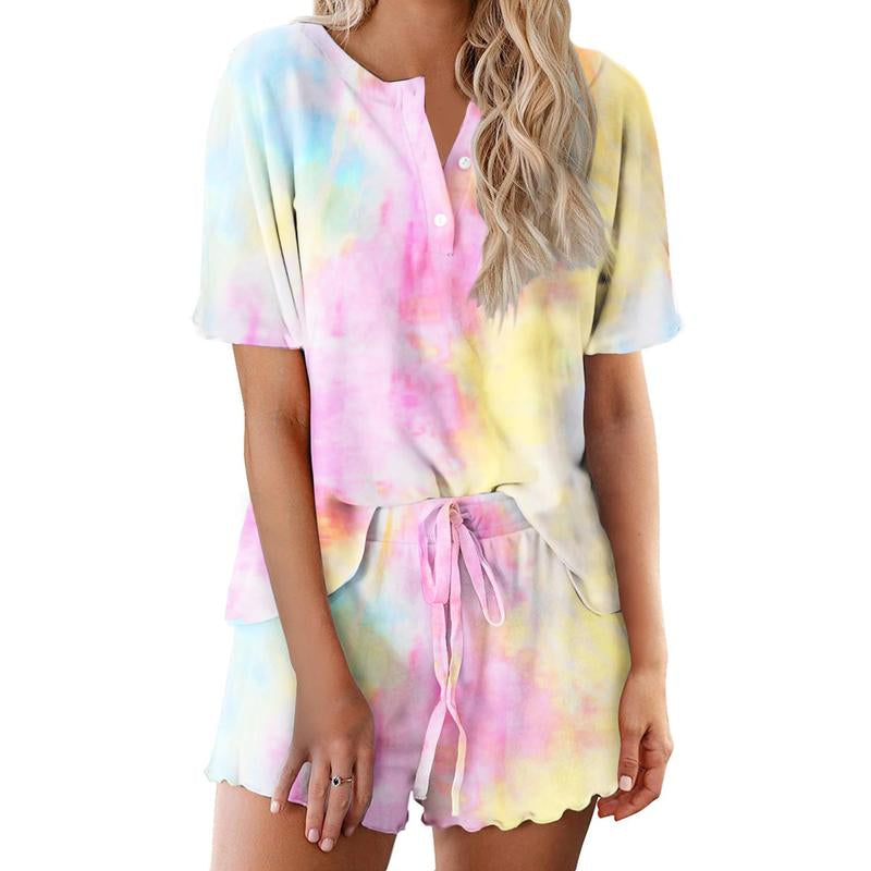 Ekouaer Tie Dye Pajamas Set Womens Loungewear Sleepwear 2 Piece PJ Sets Soft Womenswear Elastic Chic Comfy Casual Crewneck Fits Short Sleeve Jersey Light Drawstring Anniversary Bridal Dress Ladies Party Suit