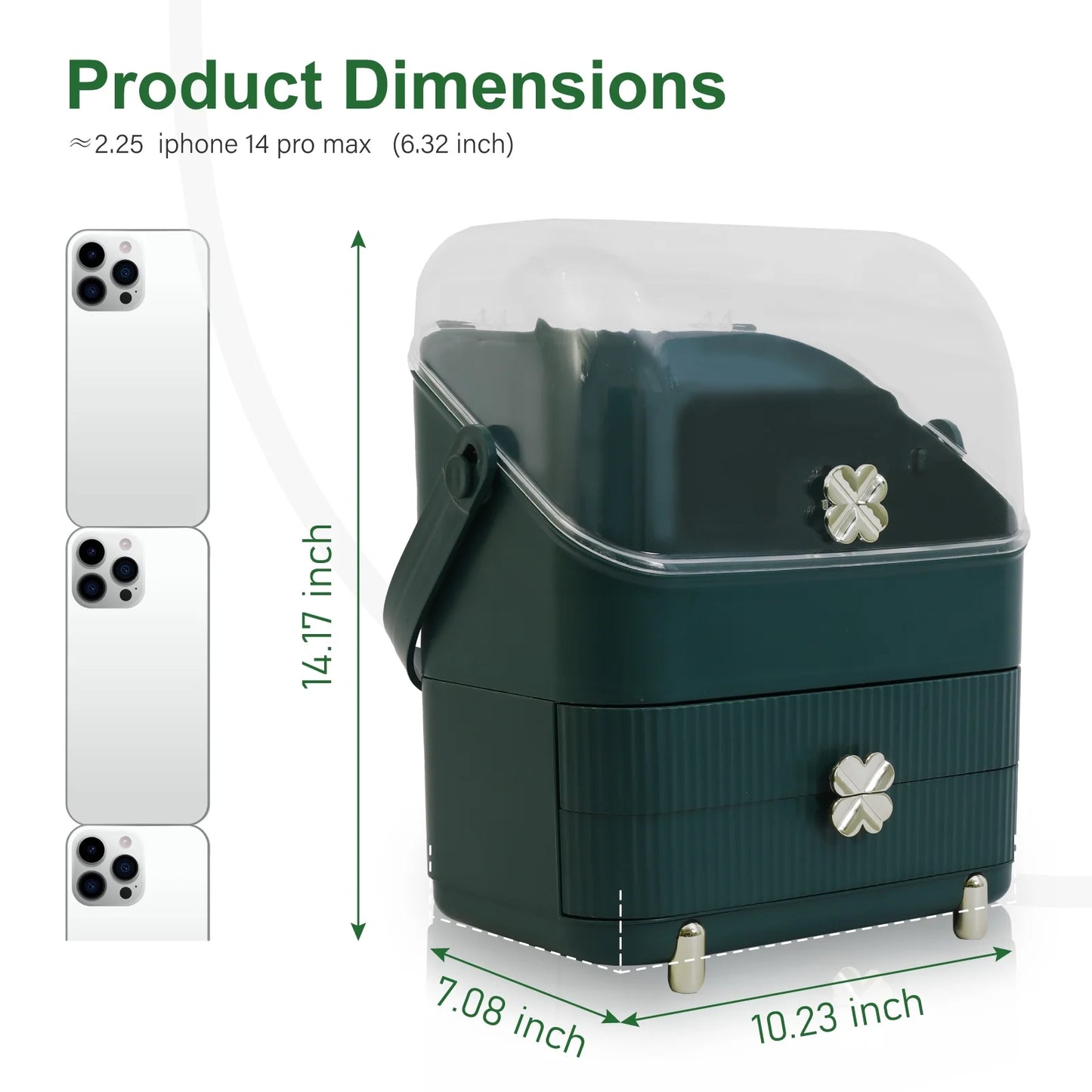 Makeup Organizer Cosmetics Storage with Fully Open Lid, Green, Countertop Cosmetics Display Case, Dresser, Ideal Gift for Women (Dark Green), 10.23*7.08*14.17In