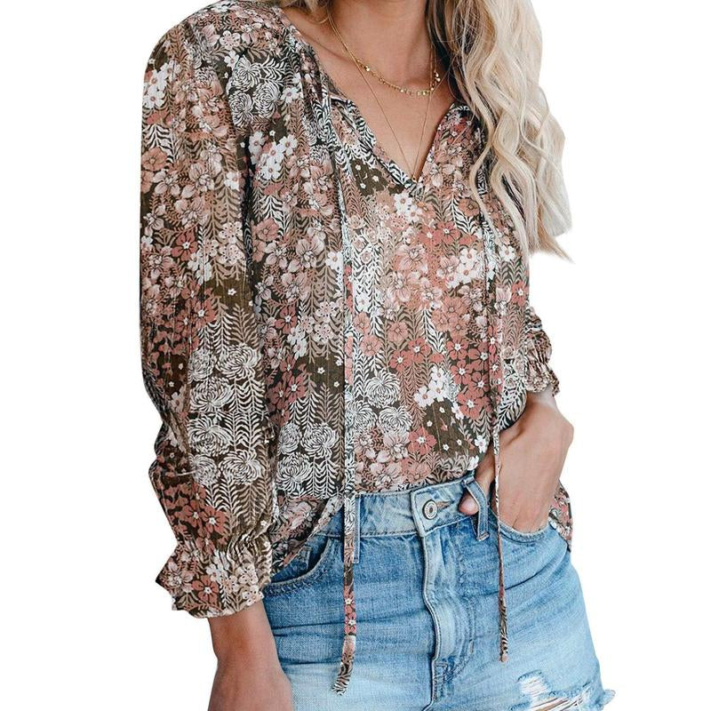 Dokotoo Women'S Casual Boho Floral Printed V Neck Tops Drawstring Short Long Sleeve T Shirt Blouses