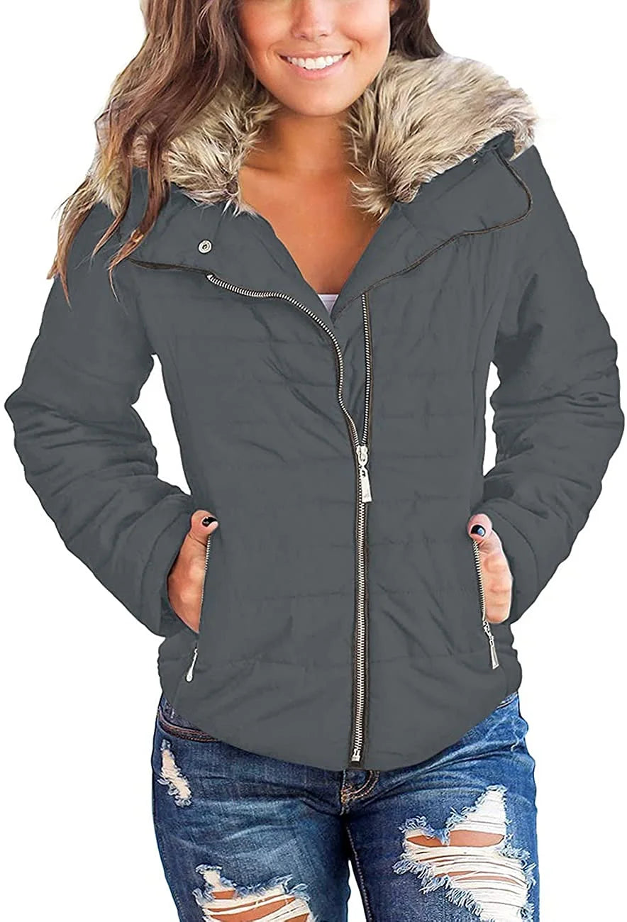 Women Parka Coat Pockets Quilted Puffer Jacket with Faux Fur Lapel, Size S-2XL