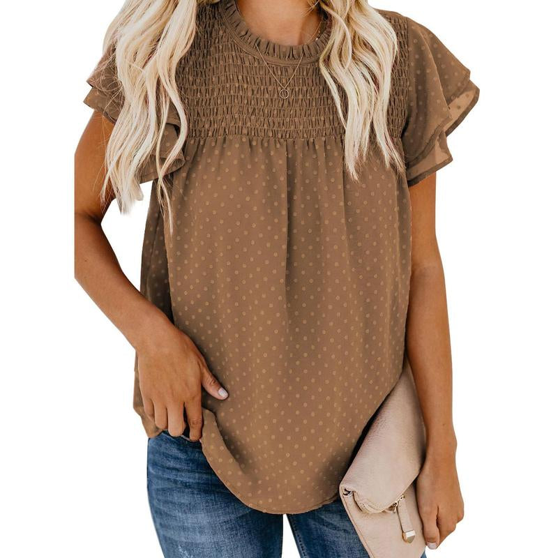 Dokotoo Womens Crewneck Lace Crochet Pom Pom Flowy Short Sleeve Casual Shirts Blouses Tops Summer Fit Denim Fashion Women'S Summer Outfits