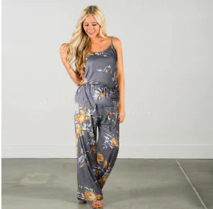 Floral Jumpsuit, Loose Fit Long Pants, Strap Jumpsuit