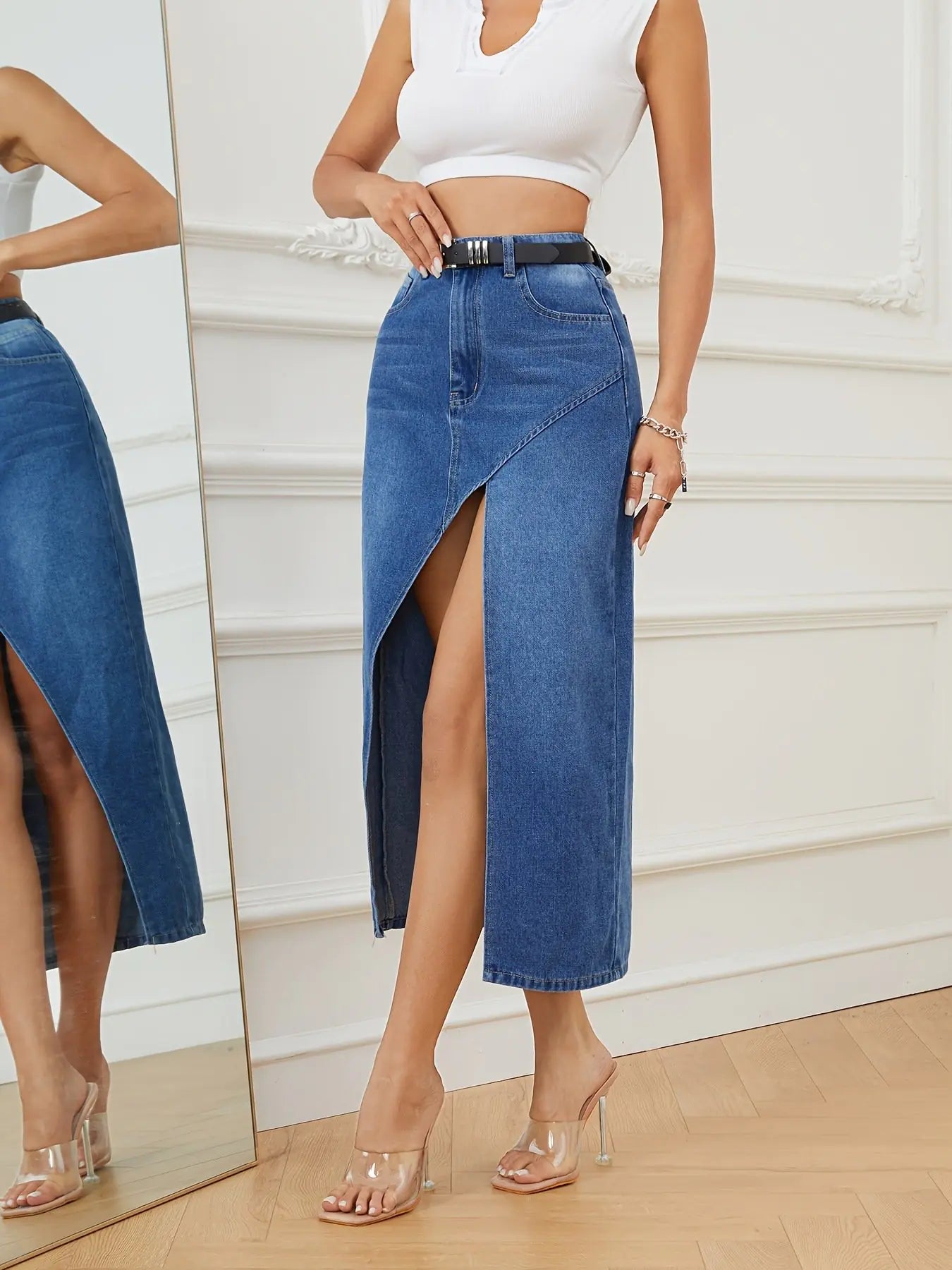 Irregular Hollow-out Stitching Denim Long Skirts for Women