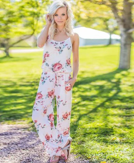 Floral Jumpsuit, Loose Fit Long Pants, Strap Jumpsuit