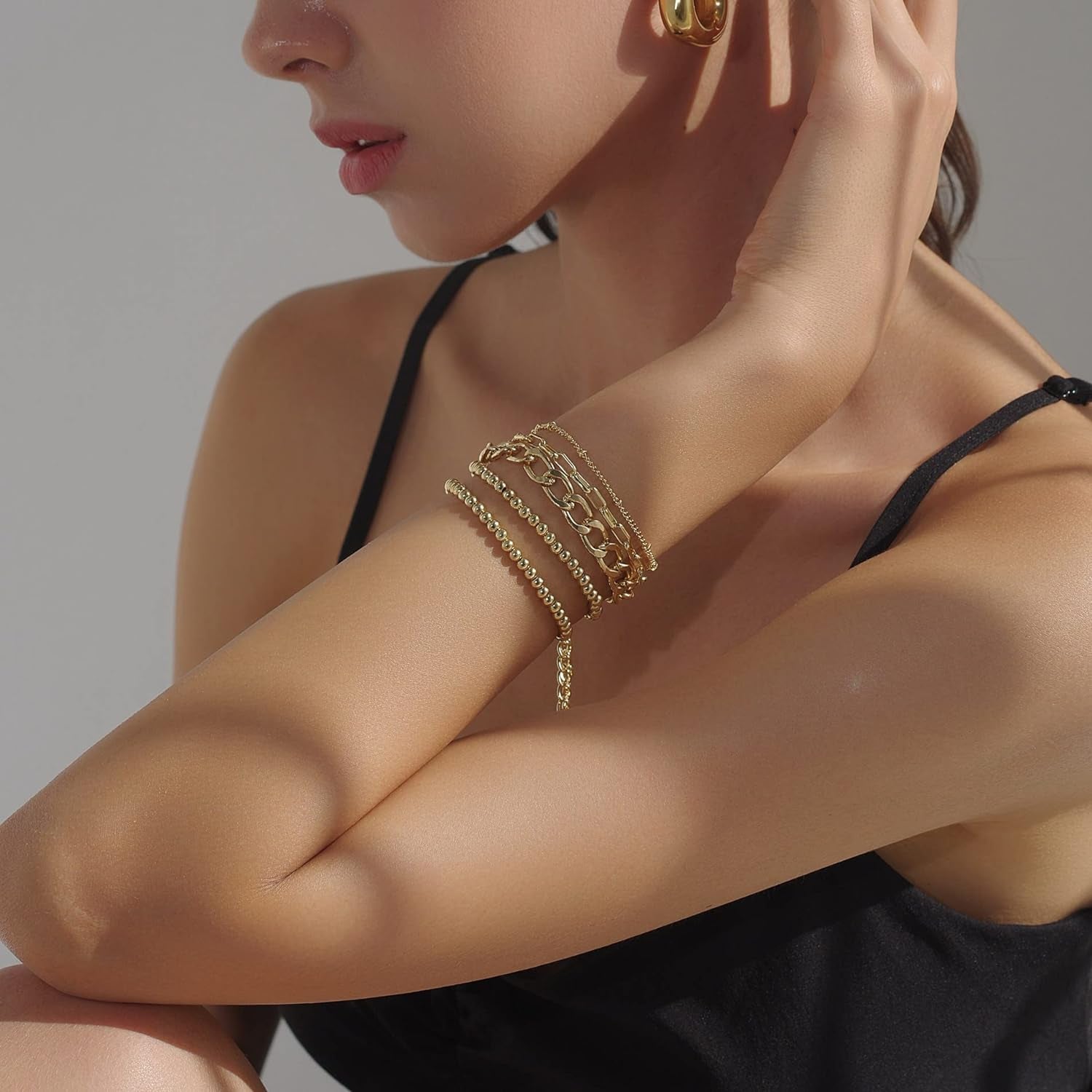 Gold Beaded Bracelets for Women Gold Bracelets for Women Plated Chain Link Bracelet Stretchable Bracelet… (Gold-01(5Pcs-G))…