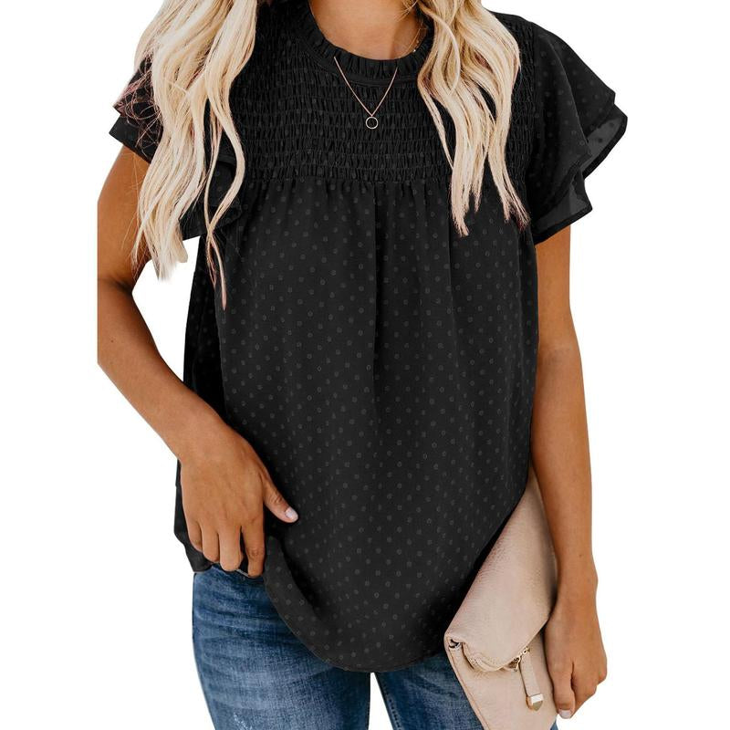 Dokotoo Womens Crewneck Lace Crochet Pom Pom Flowy Short Sleeve Casual Shirts Blouses Tops Summer Fit Denim Fashion Women'S Summer Outfits