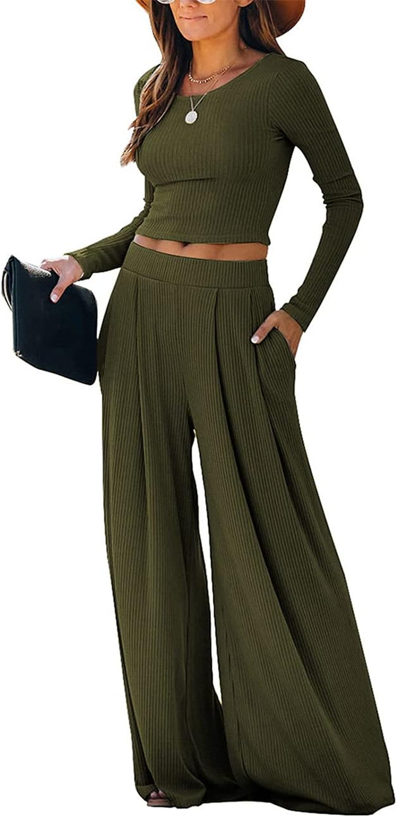 Wide Leg Pant Suits for Women Elegant 2 Piece Solid Outfits Long Sleeve Crop Top High Waist Long Pants with Pockets