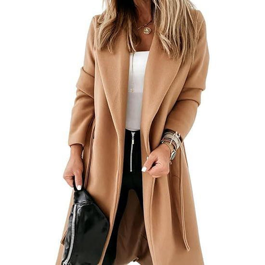 Imily Bela Womens Classic Coat Lapel Collar Open Front Belted Long Jacket M9S050