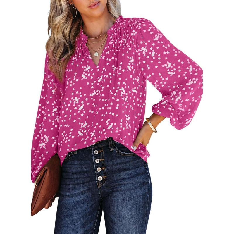 Dokotoo Women'S Casual V Neck Alicia Floral Print Smocked Long Sleeve Chiffon Blouses Bohemian Top Shirts