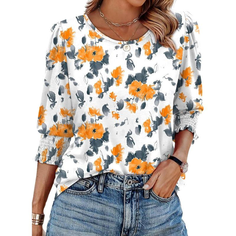 WIHOLL Blouses for Women Dressy Casual 3/4 Length Sleeve Womens Tops with Smocked Cuffs