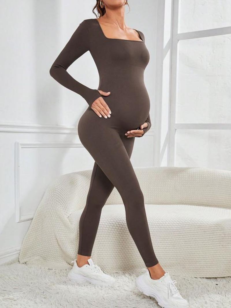 Maternity Seamless Yoga Jumpsuits Women'S One Piece Ribbed Square Neck Long Sleeved Romper with Workout Features
