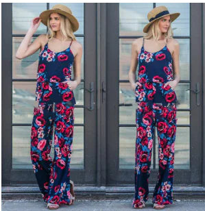 Floral Jumpsuit, Loose Fit Long Pants, Strap Jumpsuit