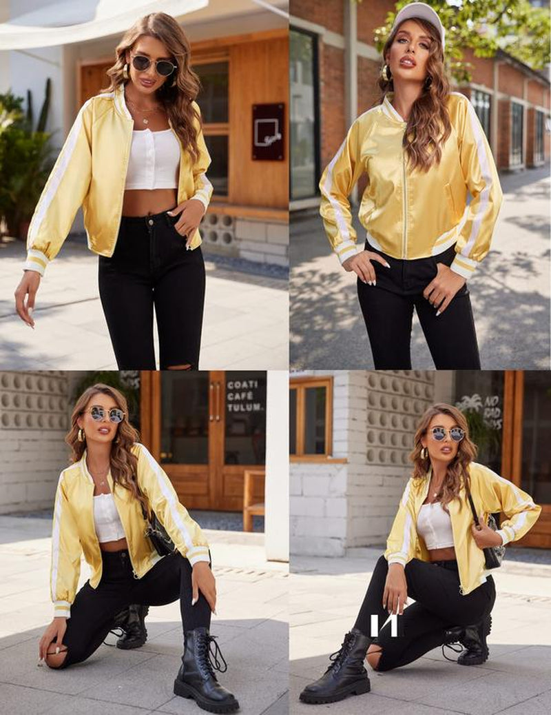 ZEAGOO Women Bomber Jacket Lightweight Zip up Jacket Casual Striped Jacket Coat Outerwear Windbreaker with Pockets
