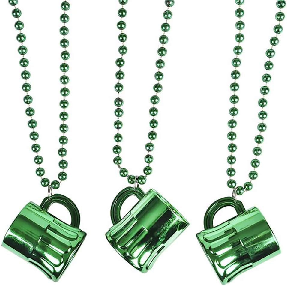 St. Patrick'S Beer Mug Beads & Shamrock Necklace Variety Pack, Metallic Green, 33 Inch (8Mm) (12-Pack)