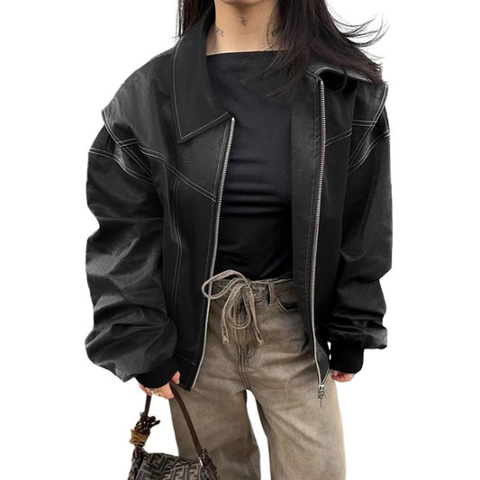 Goranbon Womens Oversized Leather Bomber Jackets Cap Sleeve Zip up Motorcycle Coats with Pockets