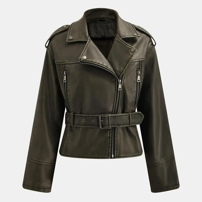 Katchme Womenswear Epaulets Zipper Belt Decor PU Biker Jacket Coats,Outerwear Jacket,Ladies Biker Zipper Pocket Clothes Womenswear