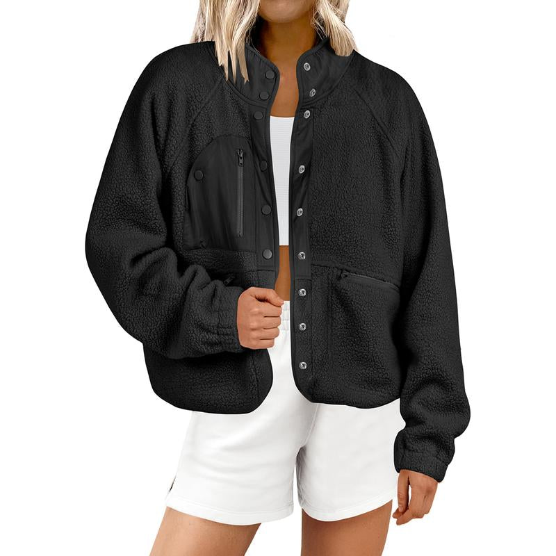 ANRABESS Womens Fleece Jacket Button down Shacket Casual Sherpa Cropped Coats Warm Outwear with Pockets