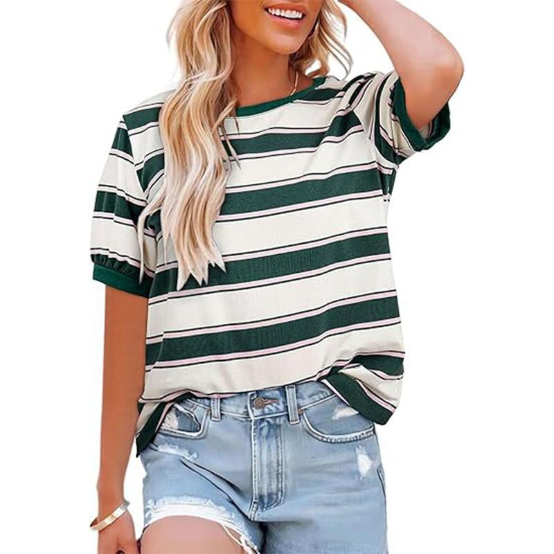 Encolax Tops for Women Striped Fashion T Shirts for Women Color Block Crewneck Design Loose Basic Tee