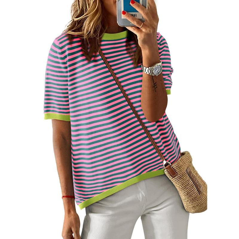 Dokotoo Womens Tops Casual Summer Crewneck Short Sleeve Striped Color Block Knit High Low Trendy Pullover Sweaters