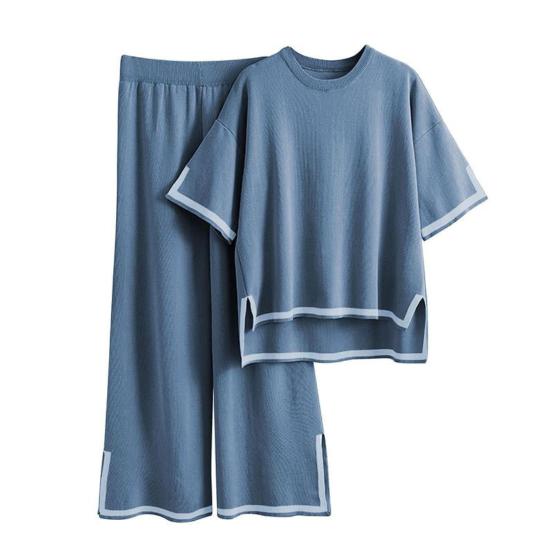 Naeduo Sweater Sets Women 2 Piece Lounge Sets Short Sleeve Knit Pullover Tops Wide Leg Pants
