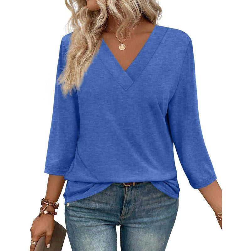 WIHOLL 3/4 Length Sleeve Womens Tops V Neck Casual Tunic Tops Basic Shirts Loose Fit Blouse