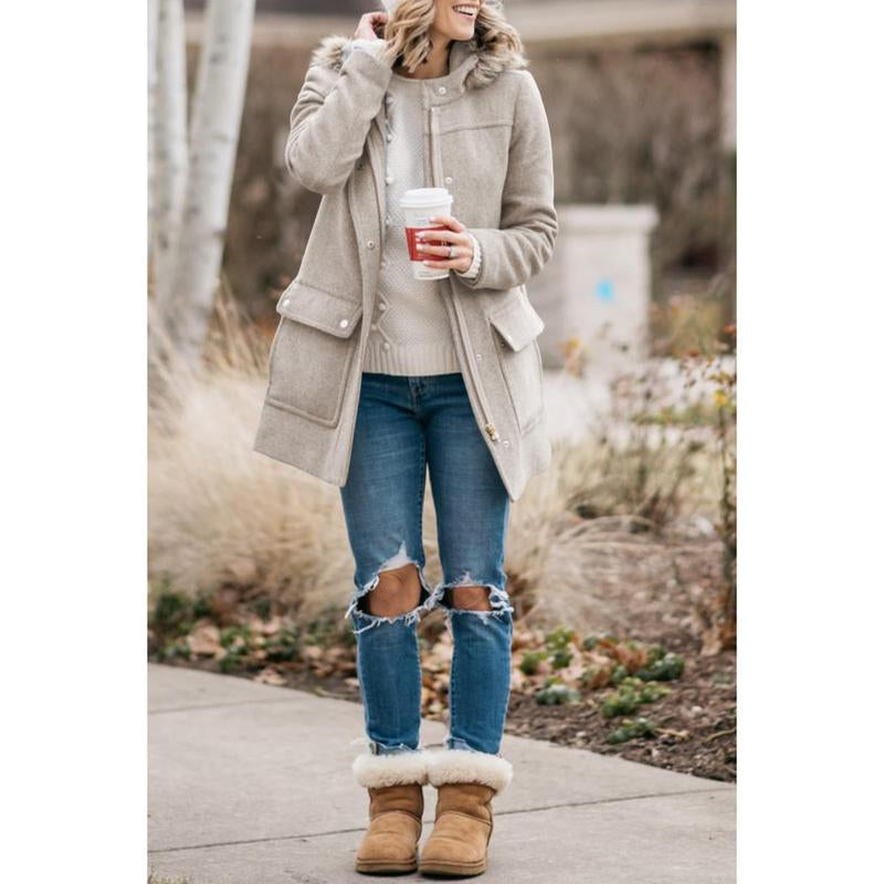 Goranbon Womens Coats Fall Winter Mid Length Thick Warm Pea Coat Elegant Faux Wool Coat with Detachable Hat Jacket Outerwear