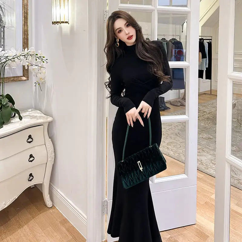 Retro Long Sleeve Slimming Fishtail Dress