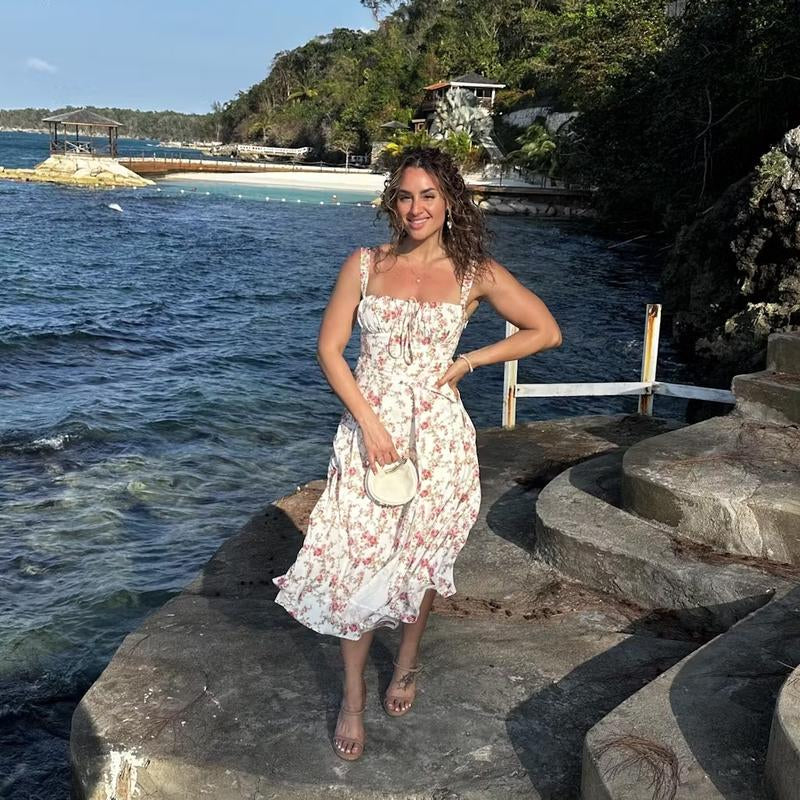 Women'S Floral Print Tie-Up Sleeveless Slit Thigh Dress, Casual Fashion Off-The-Shoulder A-Line Milkmaid Dress, Suitable for Spring and Summer, Beach Vacation