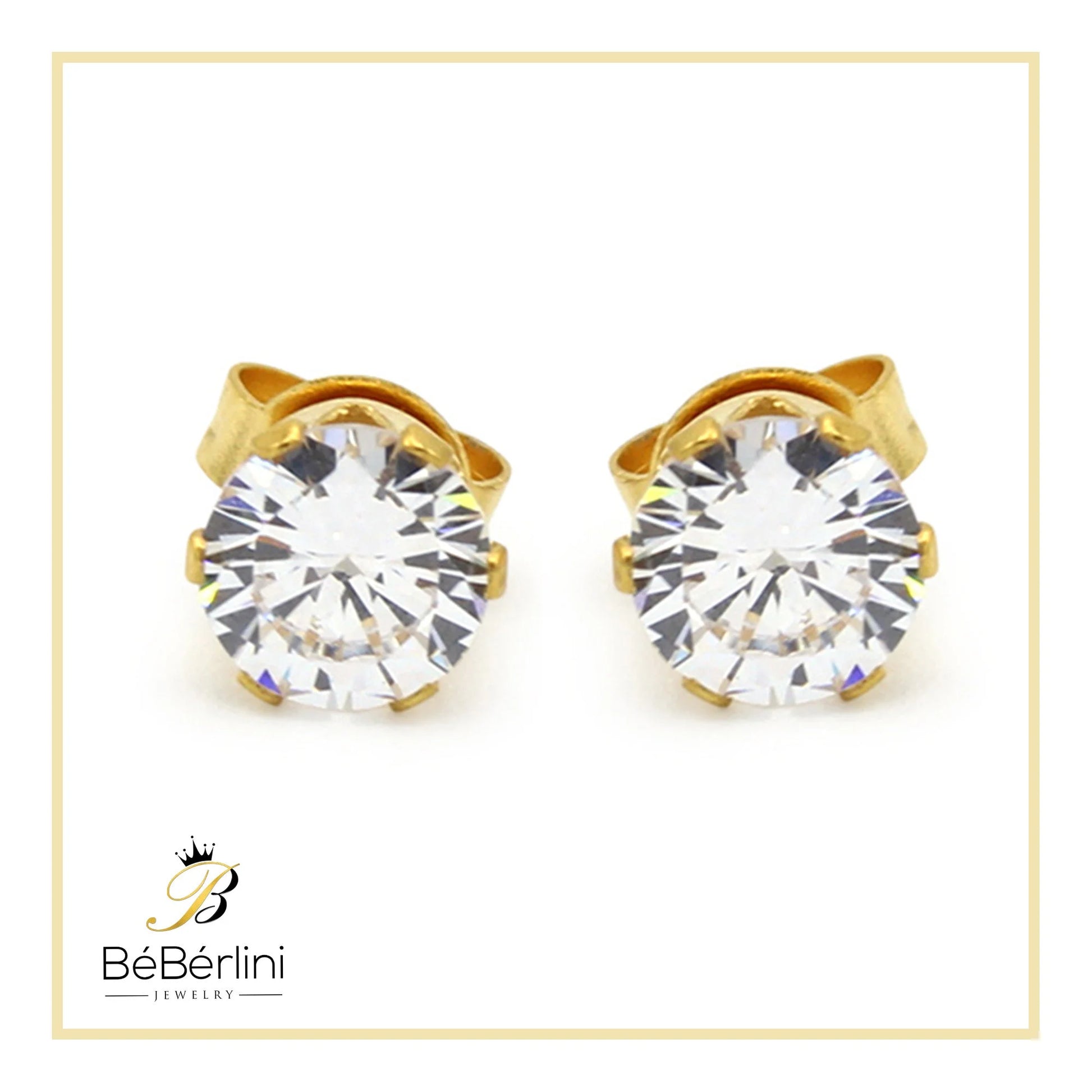 Men Stud Earrings CZ 14K Gold Plated Stainless Steel Jewelry round 6 Mm