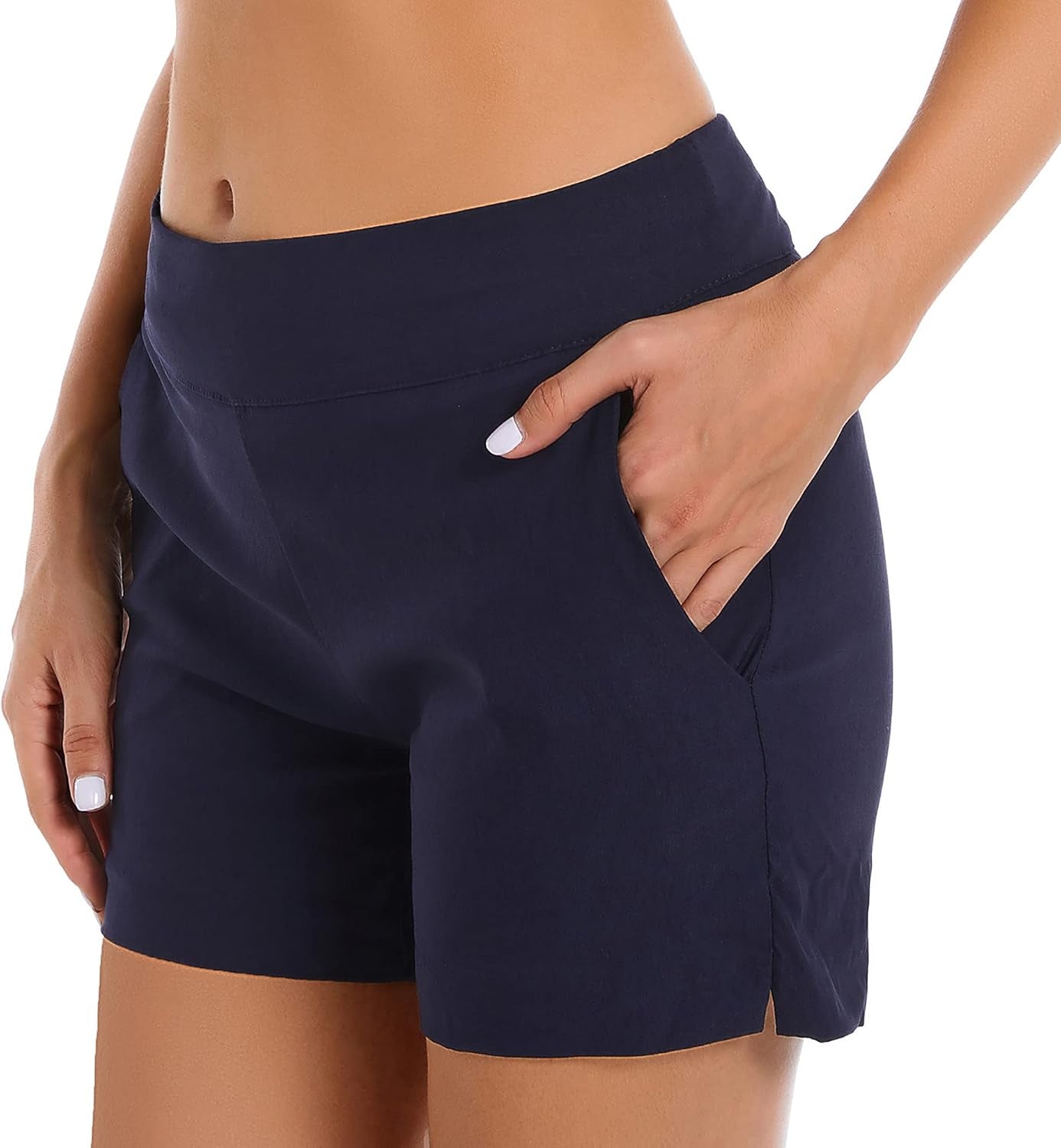 Women'S Chino Shorts - 4" Inseam, High Waisted, Elastic, Summer Casual Shorts with 2 Front Pockets
