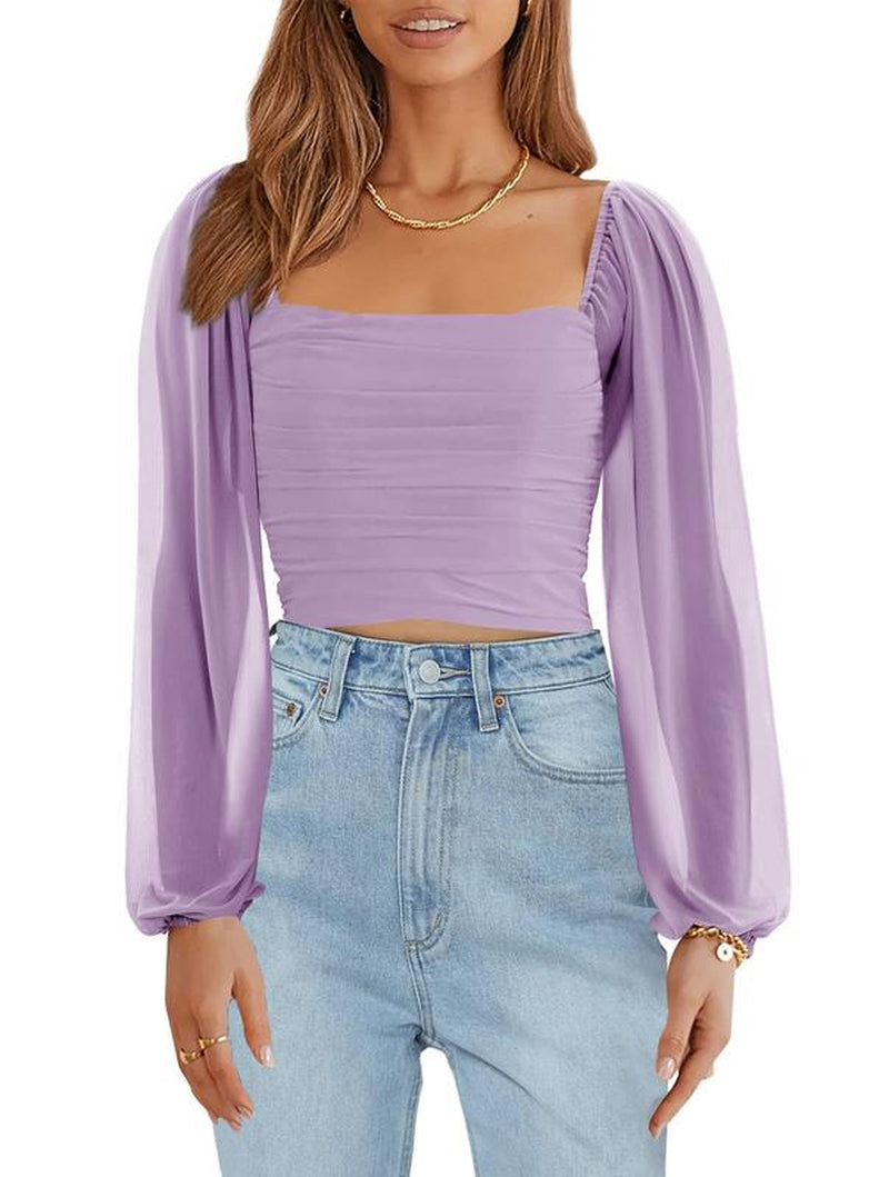 Tankaneo Women'S Summer Mesh Long Sleeve Tops Square Neck Ruched Party Club Casual Crop Blouse Shirt RP5408