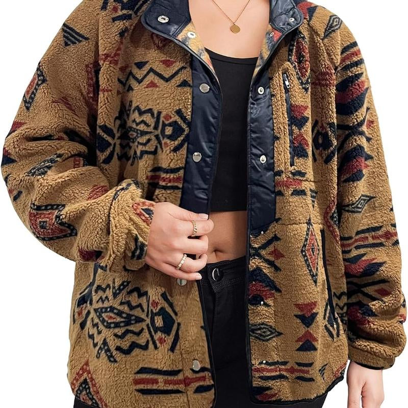 IN'VOLAND plus Size Womens Fleece Jacket Western Aztec Print Long Sleeve Snap Button down Shacket with Pockets