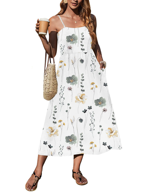 Zeagoo Summer Dress for Women Casual Sundresses with Straps Sleeveless Midi Dress with Pockets Long Maxi Dress with Pocket White Floral M