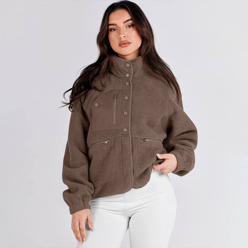 ANRABESS Womens Fleece Jacket Button down Shacket Casual Sherpa Cropped Coats Warm Outwear with Pockets