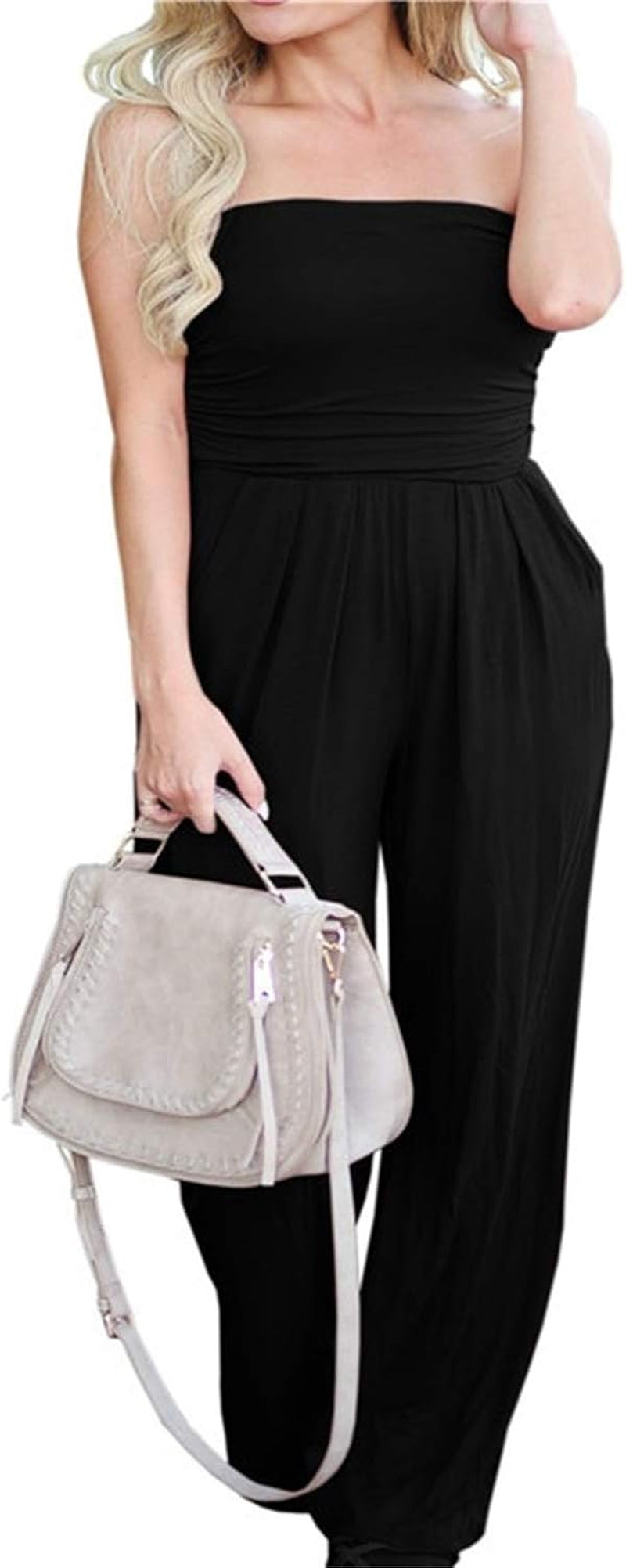 Women'S Tube Top Strapless off Shoulder Loose Wide Leg Jumpsuit Romper with Pockets