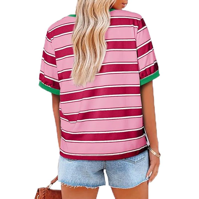 Womens Summer Tops Striped Color Block Short Sleeve T-Shirts Crewneck Casual Loose Basic Tee Blouses Outdoor Day Shirts Women