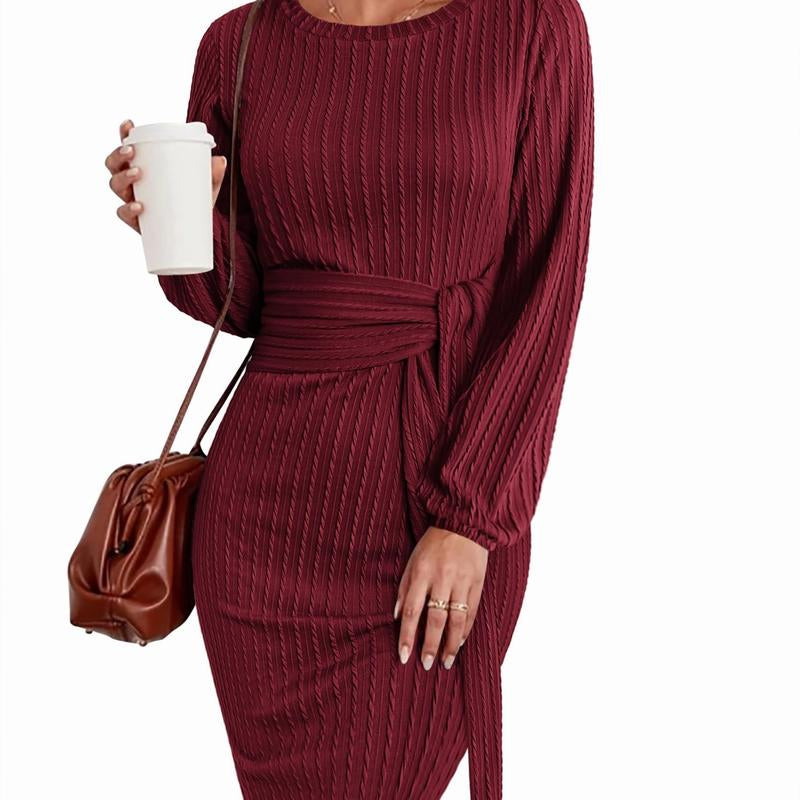 ZEAGOO Christmas Women'S Casual Knit Dress Long Lantern Sleeve Fall Bodycon Dress Crewneck Tie Waist Rib Knitted Sweater Dresses
