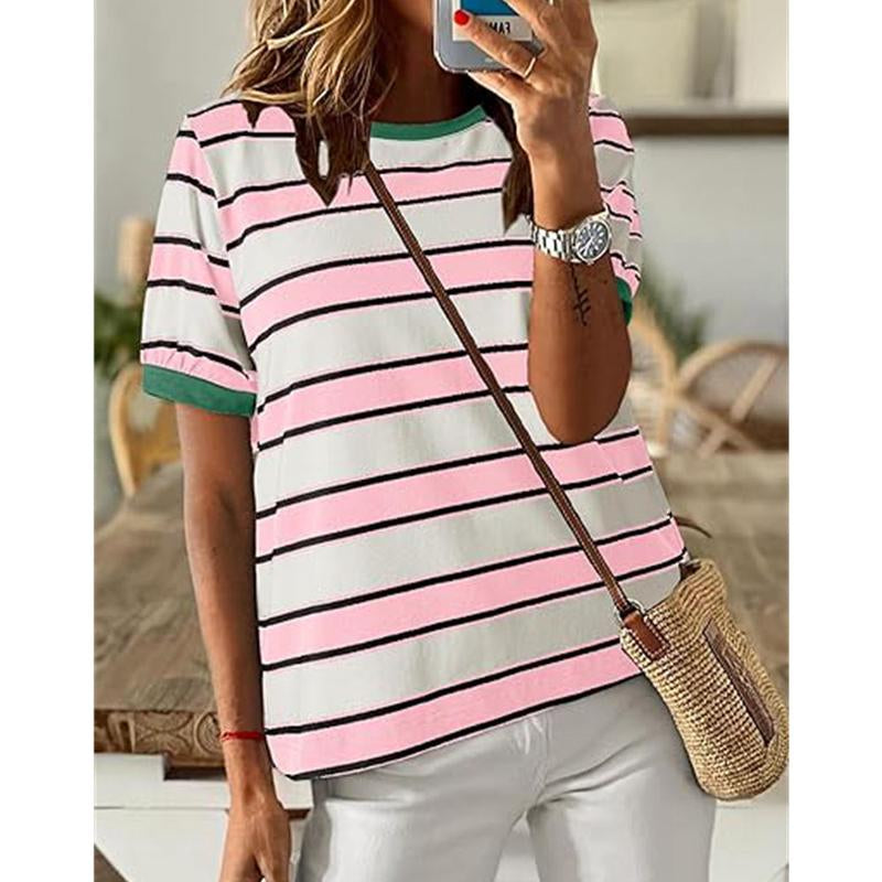 Encolax Tops for Women Striped Fashion T Shirts for Women Color Block Crewneck Design Loose Basic Tee