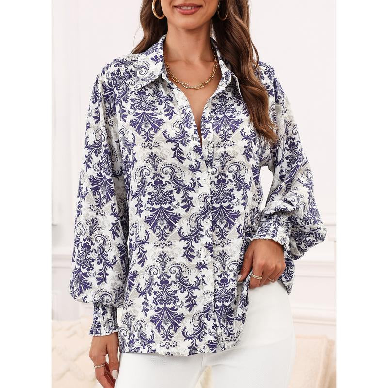 Dokotoo Women'S Casual V Neck Allover Floral Print Long Sleeve Chiffon Button down Blouses Bohemian Top Shirts