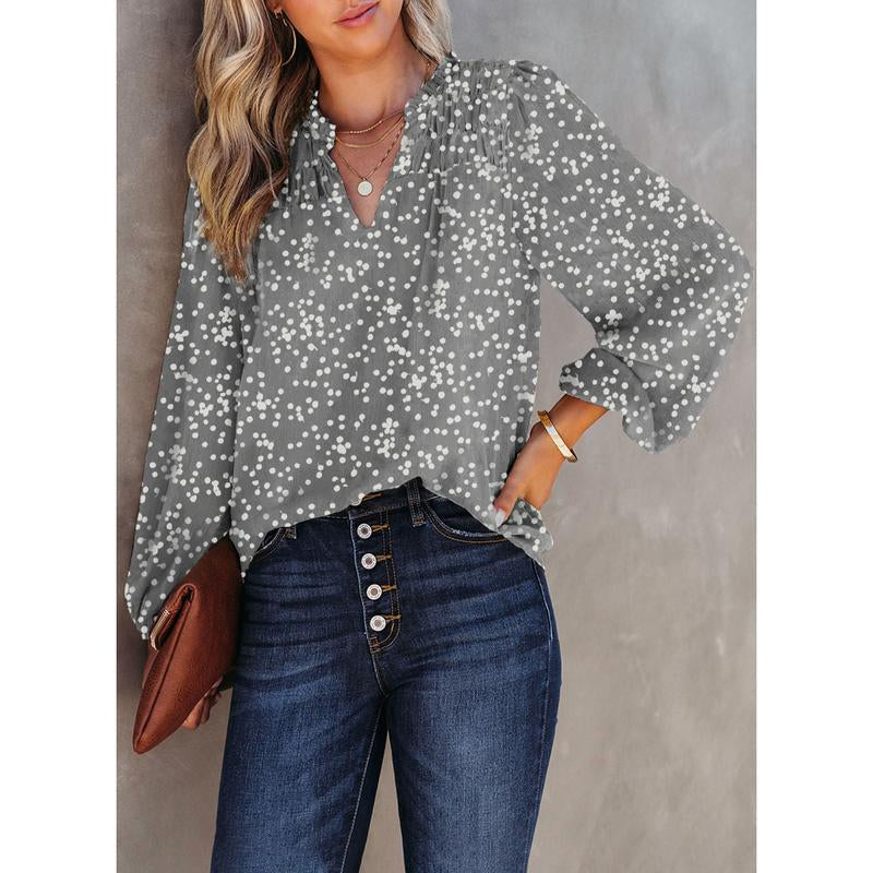 Dokotoo Women'S Casual V Neck Alicia Floral Print Smocked Long Sleeve Chiffon Blouses Bohemian Top Shirts