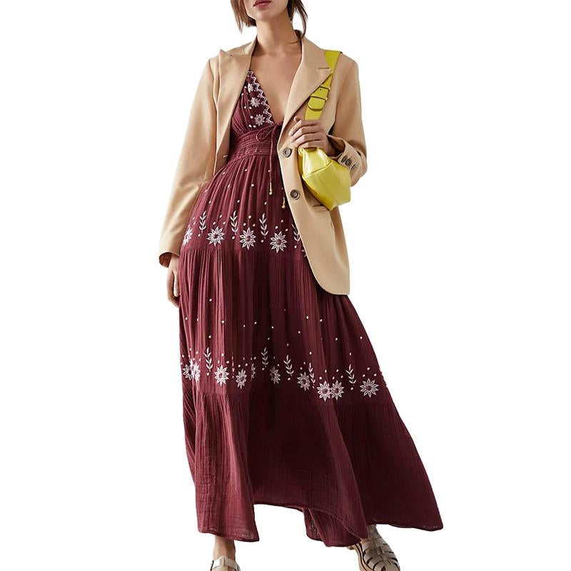 Embroidered Boho Maxi Dress for Women Spaghetti Strap Open Back Embroidered Tiered Swing Summer Long Dress Y2K Vacation Sundress