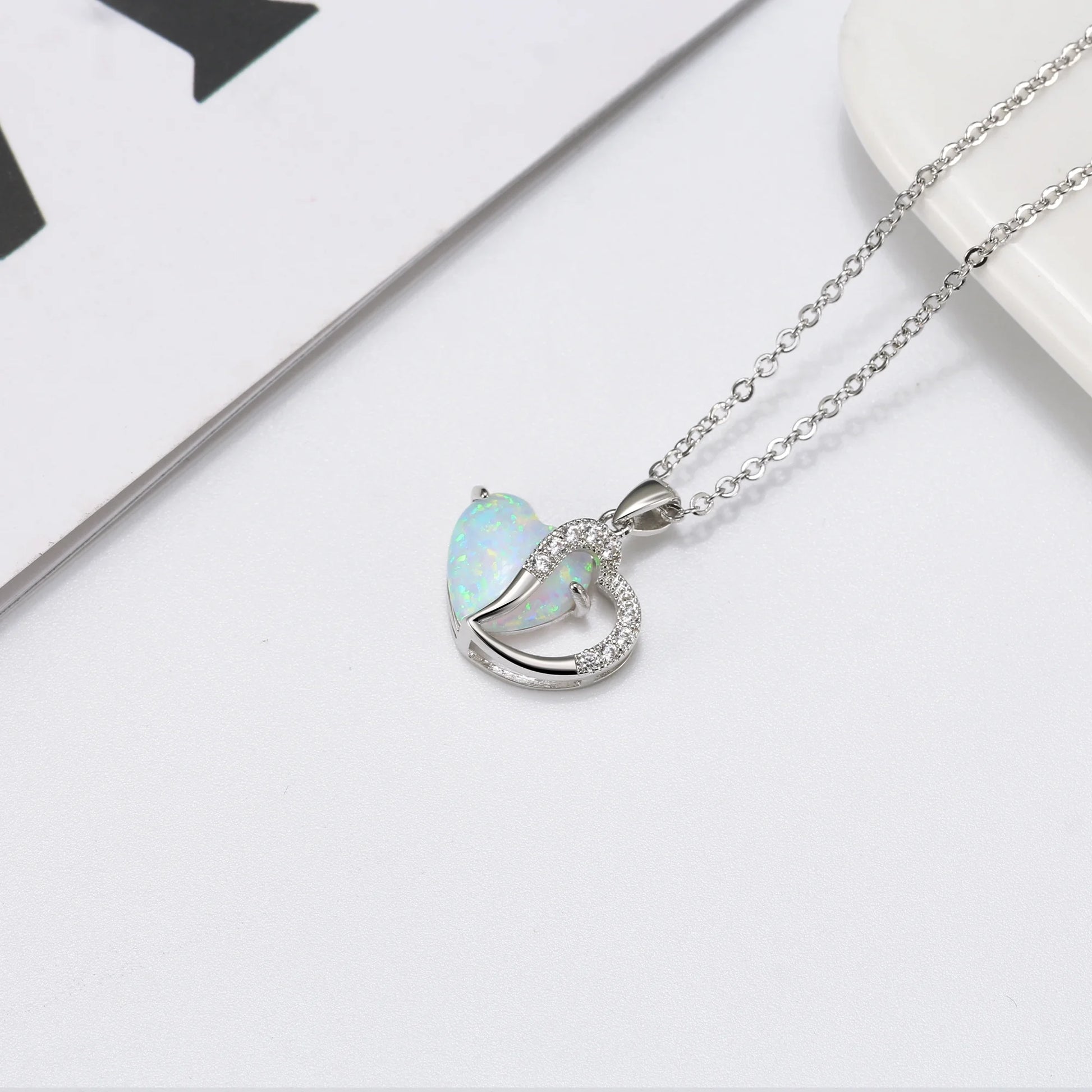 Heart Shape Fire Opal Cz Pendant Chain Necklace for Women