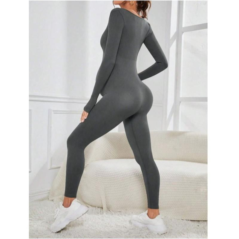 Maternity Seamless Yoga Jumpsuits Women'S One Piece Ribbed Square Neck Long Sleeved Romper with Workout Features
